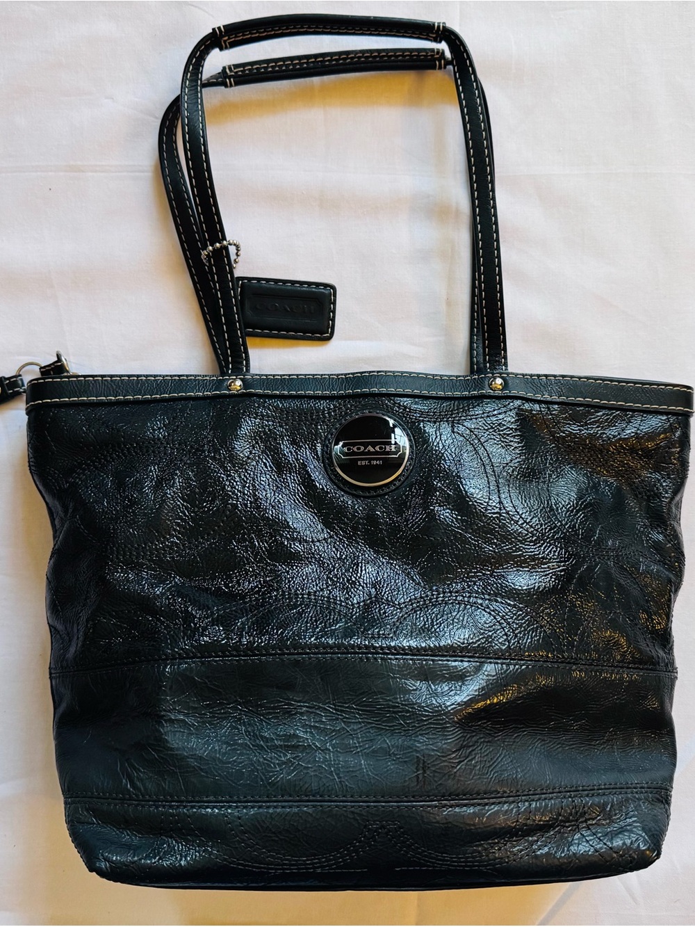 Coach Black Leather Tote with Polished Logo Medallion